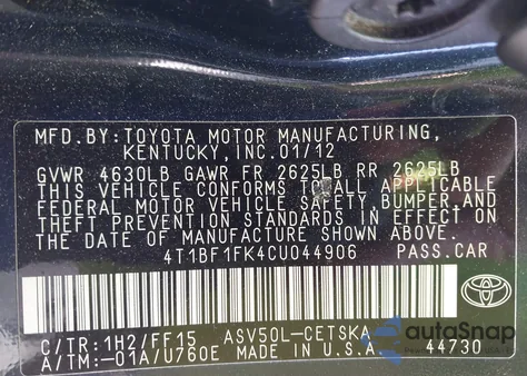 2012 Toyota Camry Se z USA, uszkodzony, nr VIN 4T1BF1FK4CU044906